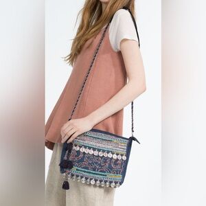 Zara Beaded Denim Crossbody Shoulder Bag Bohemian Metal Blue Hippie Boho